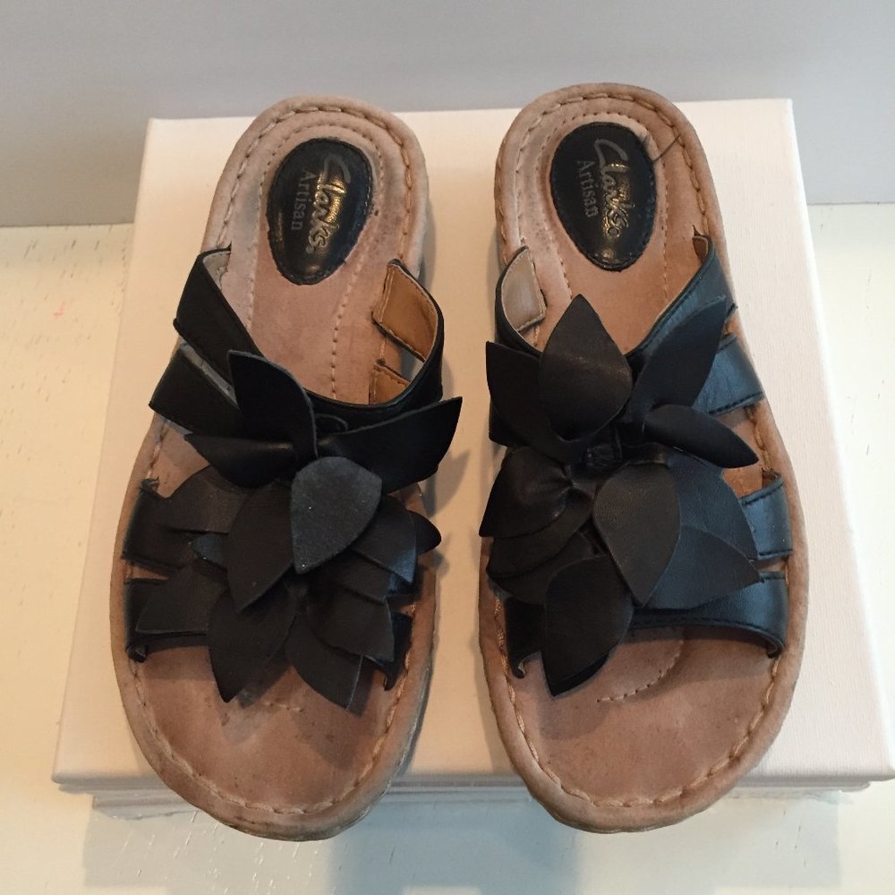 Clarks Black Leather Slip On Sandals 6.5